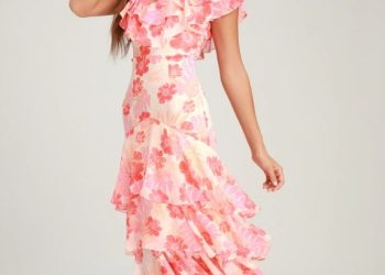 Ruffled Floral Midi Dress in Pink